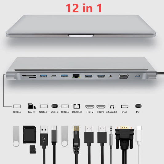 12/11 in 1 Type-C Adapter USB HUB 3.1 to Dual HDMI Rj45 Power Adapter Docking Station Multi USB Splitter Laptop Accessories