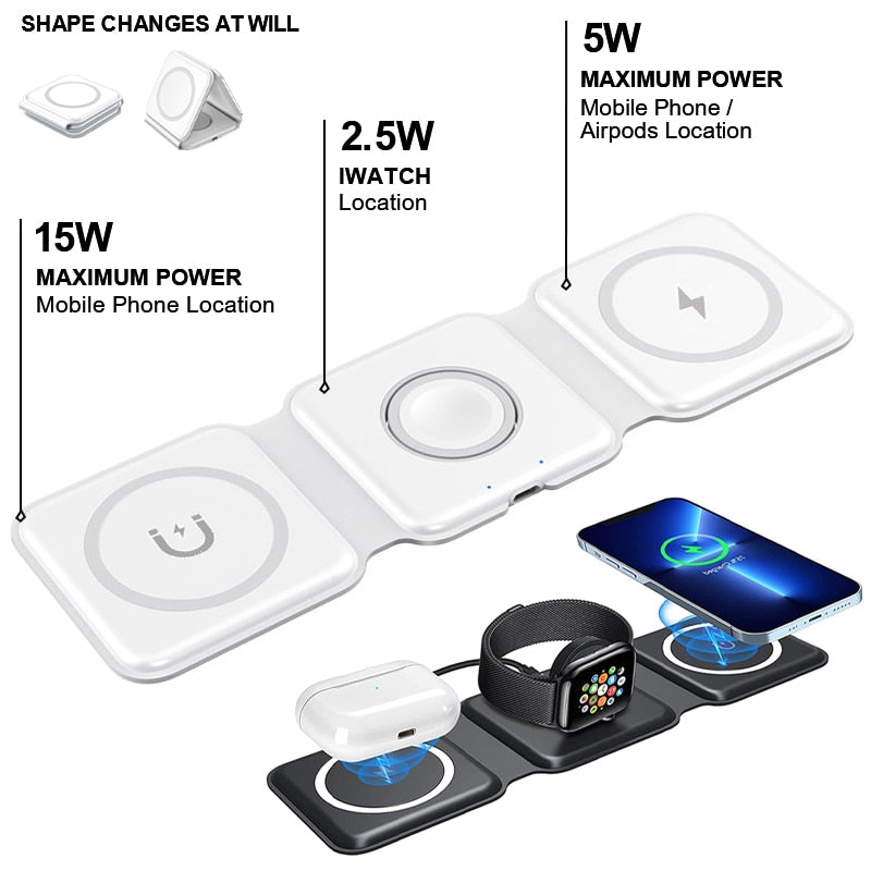Foldable 3 in 1 Wireless Charger for iPhone and Apple Watch